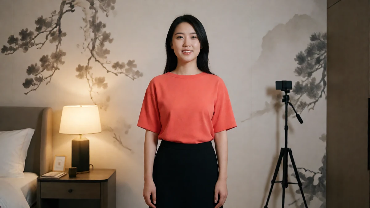 午夜视频国产短片主题图,黑发成年女性穿珊瑚色上衣和黑色短裙,站在有水墨墙画与手机支架的卧室