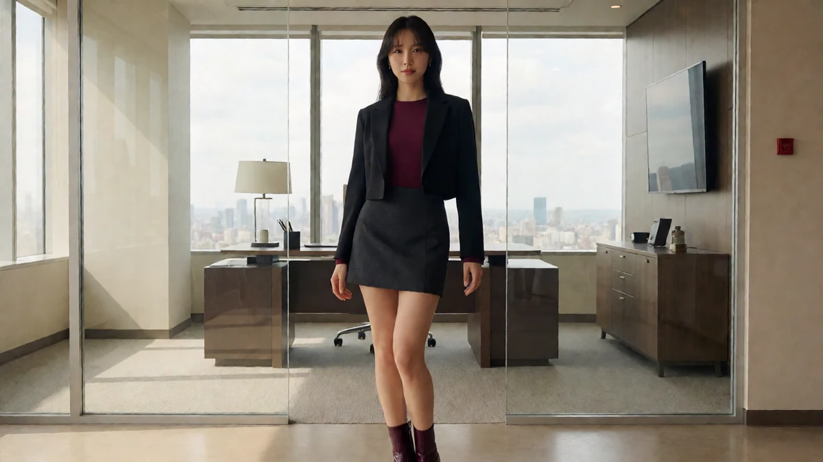 午夜视频办公室丽人主题图,黑发成年女性穿深色西装与短裙,站在办公室里